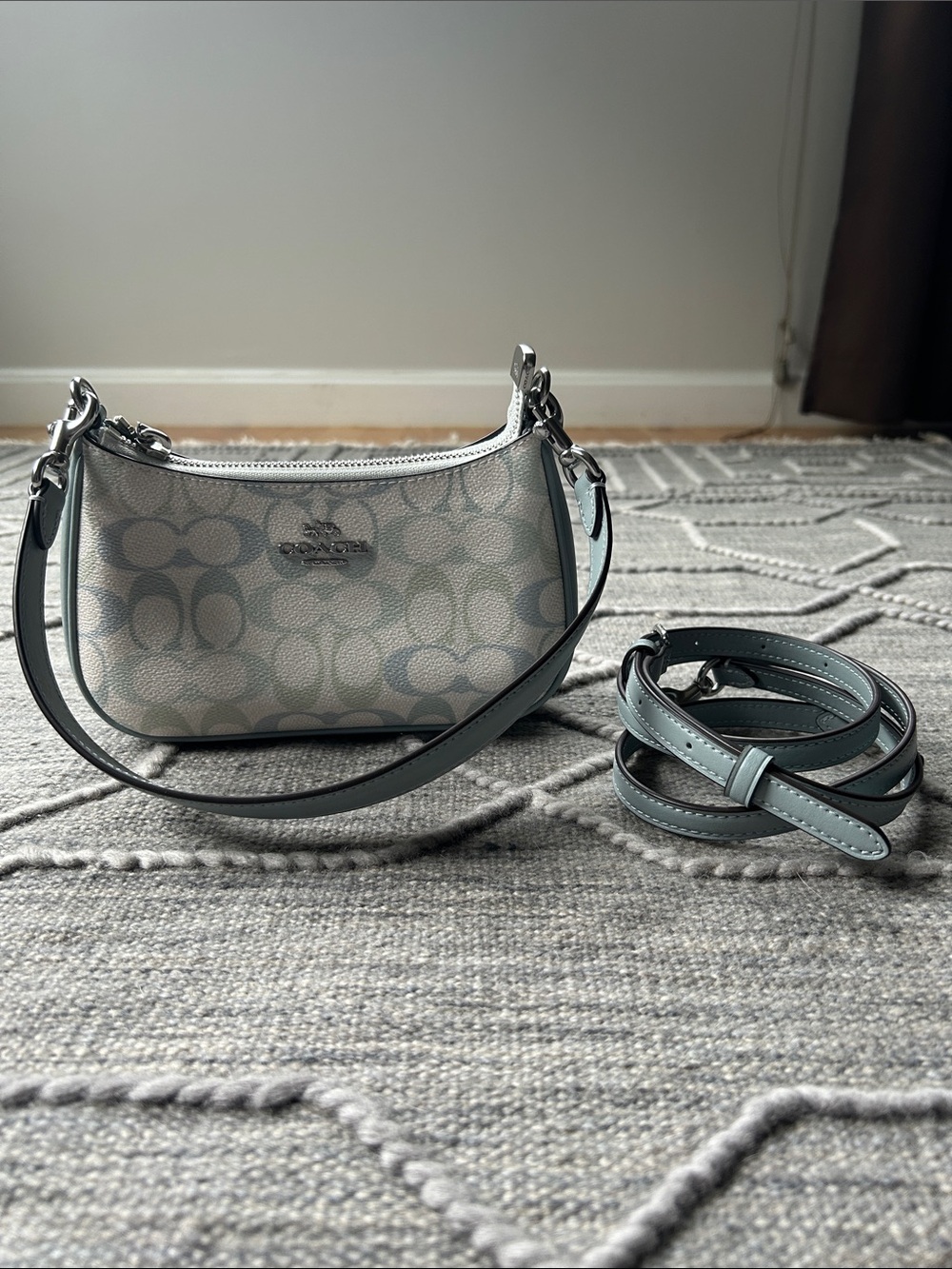 COACH Teri Blue & Chalk White Signature Mini Shoulder Bag w Removable Straps-NWT